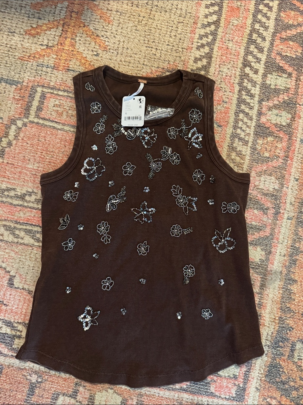 Free people Embellished Brown Sleeveless Tank Top